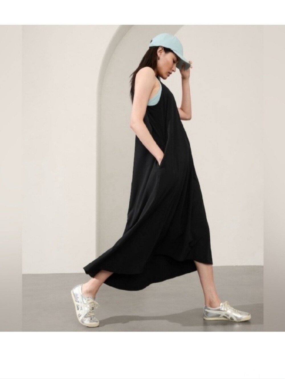 Athleta Presidio Travler Maxi Dress Racerback Dresses, black and olive.